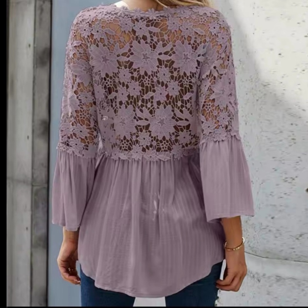 Lavender Lace Detail Back Boho Button Closure Sleeve Blouse Romantic & Chic - Picture 2 of 6